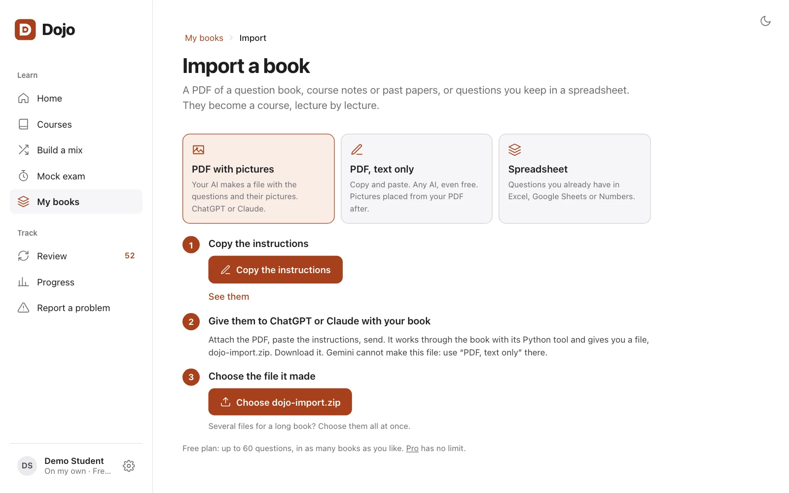 The Import a book page in Dojo.